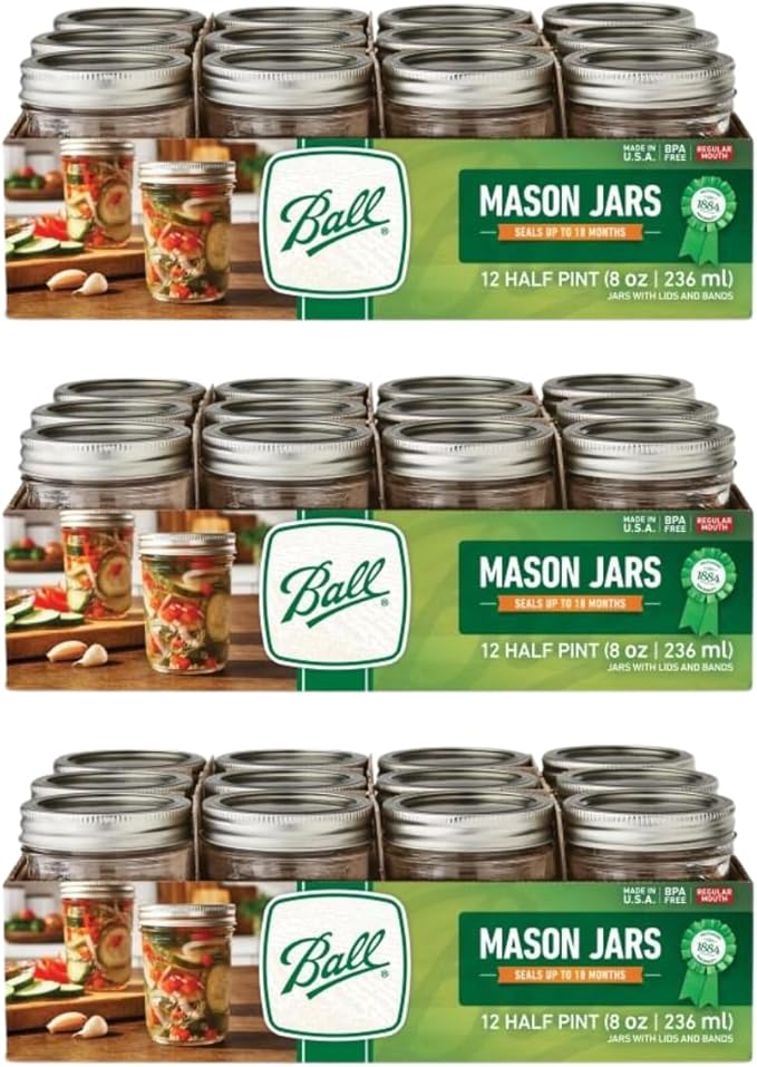 Ball Regular Mouth Glass Mason Jars with Lids and Bands, Used for Canning (Half Pint, 8 Ounce (Pack of 36))