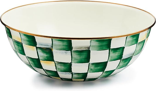 MACKENZIE-CHILDS Enamel Everyday Bowl, Serving Bowl for Entertaining, Extra Large, Green-and-White Emerald Check