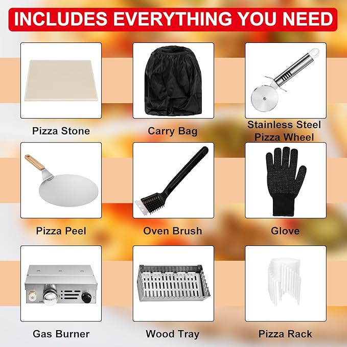 EDOSTORY Outdoor Wood Fired Gas 12'' Pizza Oven Multi-Fuel, Gas Burner, Wood Tray, Portable, Oven Grill, Outside, Backyard, Pizza Maker, oven gloves, Peel, Cutter (Gas Fire)