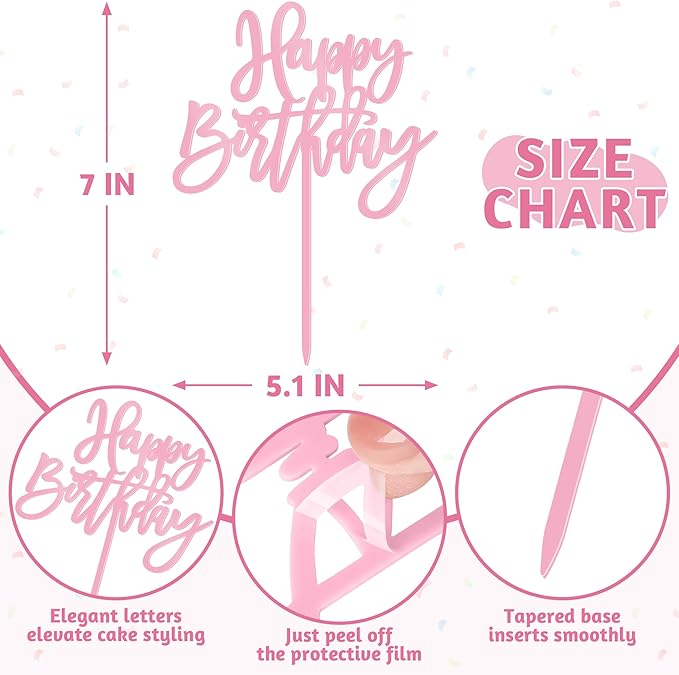 1 PCS Birthday Cake Topper, 5.1 x 7 Inches Happy Birthday Cake Toppers, Pink Happy Birthday Cake Sign for Party, Baby Shower, Anniversary and Cake Sign Decorations