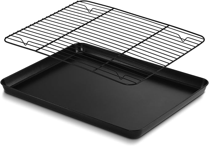 P&P CHEF Baking Oven Sheet Pan with Rack for Cookie, Nonstick Oven Tray and Cooling Rack for Baking & Roasting, Easy Clean, Black, 16 x 12 Inch
