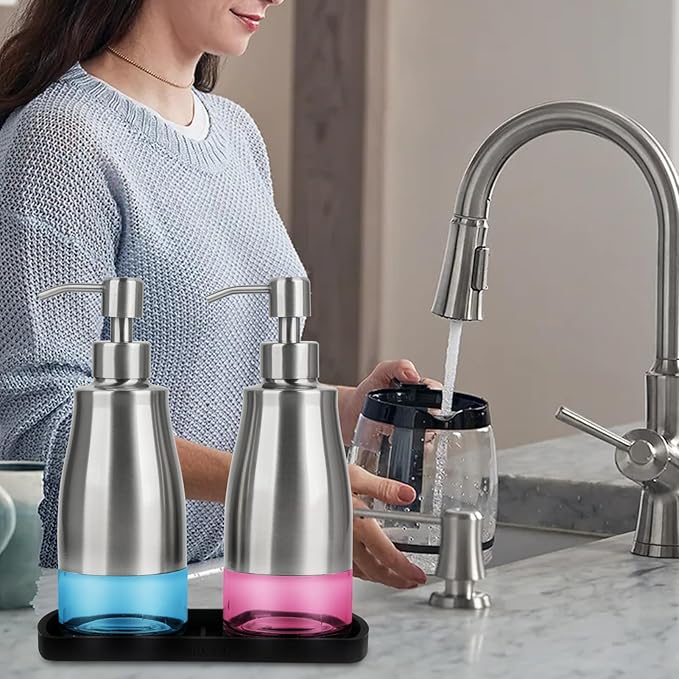 Kitchen Soap Dispenser Set with Silicone Tray and Stickers - Brushed Nickel, Stainless Steel Glass Soap Dispenser Bathroom, Refillable Hand Dish Soap Dispenser for Kitchen Sink