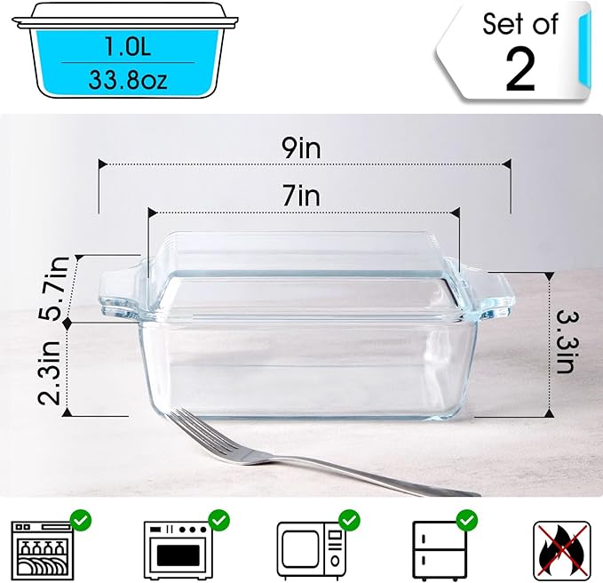 Set of 2 Glass Casserole Dish With Glass Lid, Rectangular 5.7in x 7in Glass Baking Dish Oven Safe, Mini Casserole Dish with Lid