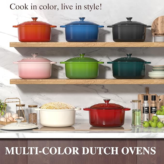 Enameled Cast Iron Dutch Oven - Umite Chef 5QT Pot with Lid & Cotton Potholders - Heavy-Duty Cookware for Bread Baking, Braising, Stews, Roasting(Read)
