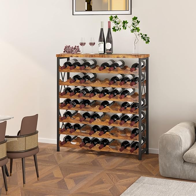 Homeiju 56-Bottle Wine Rack Freestanding Floor, Wooden Wine Storage Shelf, Stackable Wine Rack with Tabletop for Living Room,Kitchen or Wine Cellar