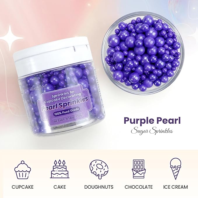 Dazzjoy Edible Pearl Purple Sugar Sprinkles, 130g/4.58oz, Purple Ball Pearls Sprinkles for Cake Decorating, Cupcake Toppers, Edible Cake Decoration