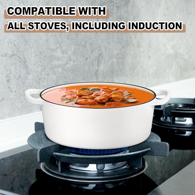 E-far 5QT Oval Dutch Oven Pot with Lid, Enameled Cast Iron Dutch Oven with Dual Handles for Sourdough Bread Baking Cooking, Nonstick Enamel Coated Cookware(White), Non-Toxic & Easy Clean