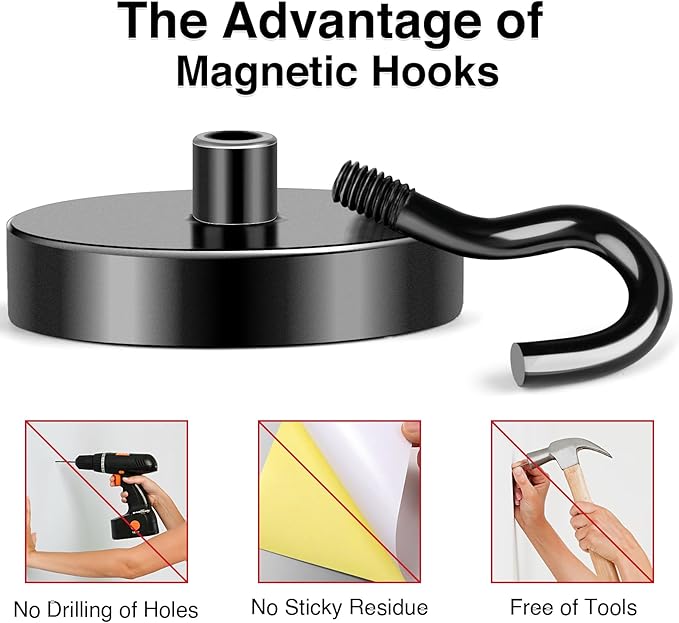 MIKEDE Black Magnetic Hooks Heavy Duty, 150LB+ Strong Neodymium Magnets for Refrigerator, Magnetic Hooks with Epoxy Coating for Hanging, Magnets with Hooks for Cruise, Home, Workplace - 10 Pack