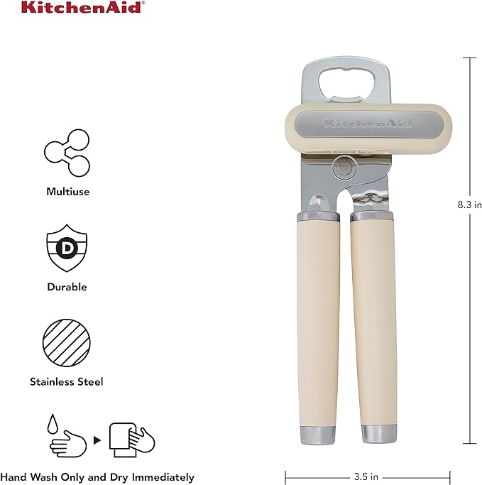 KitchenAid Classic Multifunction Can Opener and Bottle Opener Easy to Use, Razor Sharp Stainless Steel Cutting Wheel, Soft Ergonomic Handles, Almond Cream