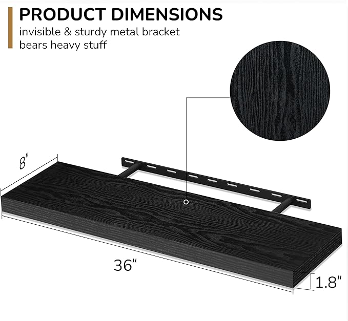 Fun Memories 36 Inch Floating Shelves - Deep Rustic Black Wooden Wall Shelves - Extra Deeper & Thicker Wall Mounted Storage Shelf for Bedroom, Kitchen, Farmhouse - 2 Pack, Rustic Black
