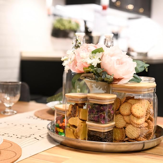 Glass Food Storage Jars Square 37oz, 4 Pack Glass Jars With Bamboo Lids, Kitchen Storage Containers For Spice, Candy, Cookie, Storage For Pantry Organizers