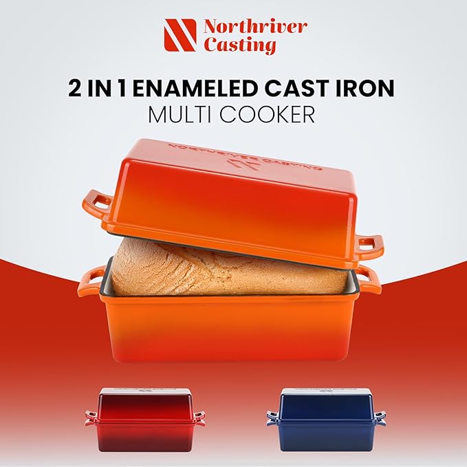 Enameled Cast Iron Loaf Pan with Lid, Best Bread Oven, Bread Loaf Pans for Baking Homemade Sourdough Bread 9x5, 2 Piece set, Flame