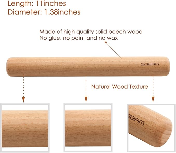 GOBAM Wood Rolling Pin, Small - Dough Roller for Pasta, Cookies, Pie, Pizza, Chapati, Fondant, Rolling Pins for Baking, Bread Making Tools and Supplies - 11 x 1.38 Inches