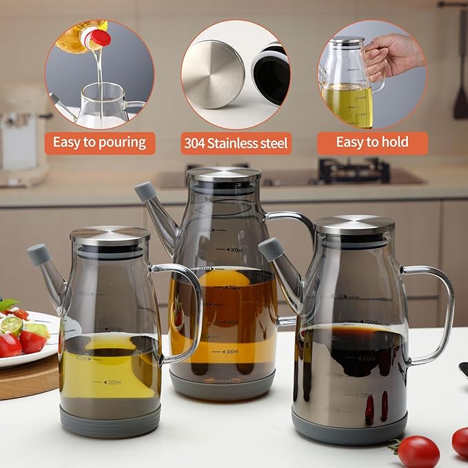 Large Glass Oil Dispenser Bottle for Kitchen Cooking Recipiente Para Aceite De Cocina Olive Oil Vinegar Dispenser Cruet Stainless Steel Lid No Drip Liquid Container (Grey, 27oz / 800ml)