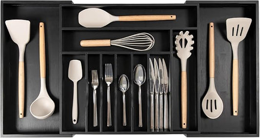 Premium Silverware, Flatware and Utensil Organizer for Kitchen Drawers, Food-Safe Contract Grade, Expandable from 18 to 33 In, Black Bamboo