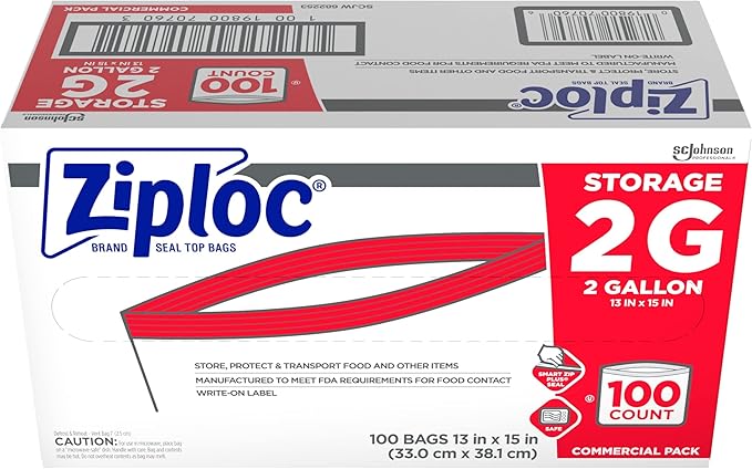 SC Johnson Professional Ziploc Storage Bags, For Food Organization and Storage, Double Zipper, 2 Gallon, 100 Count
