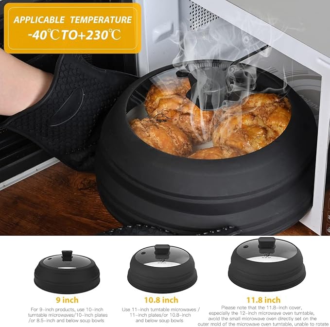 Microwave Splatter Cover Glass Cover Splatter Guard Lid with Collapsible Silicone for Food Cover Plate Cover 10.8 inch 2 Pack Black
