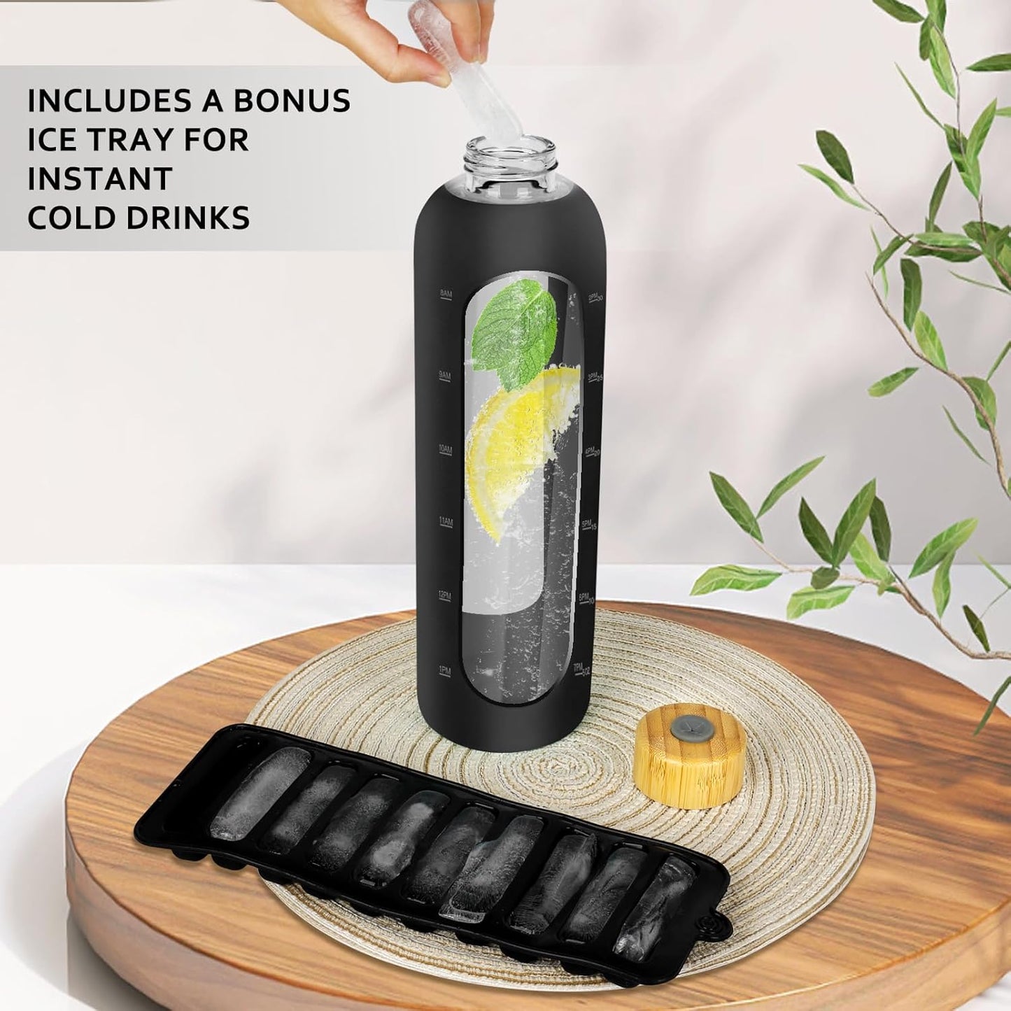 Glass Water Bottles 32 oz - Motivational Drinking Glass Water Bottle with Silicone Sleeve, Straw & 2 Bamboo Lids - 1 Liter Clear Borosilicate Daily Intake Tumbler with Time Marker - Jet Black