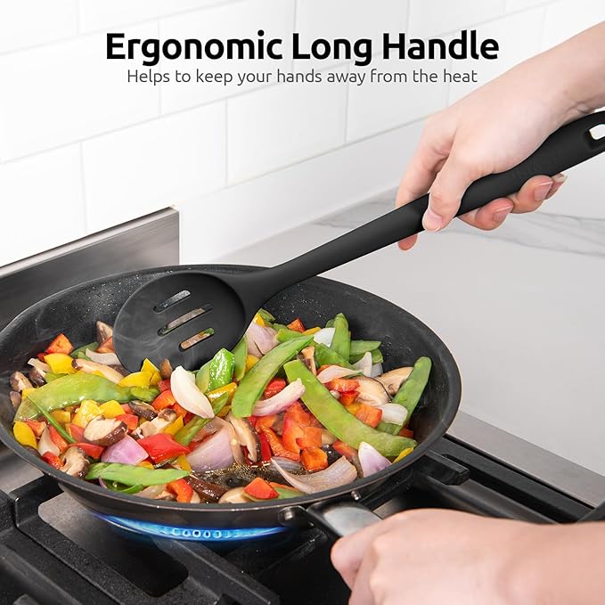 600ºF Heat Resistant Slotted Spoon: U-Taste 13.3in Solid Kitchen Cooking Spoon, Nonstick Food Grade Large & Long Rubber Utensil for Mixing, Serving, Stirring, Basting, Frying, Draining (Black)