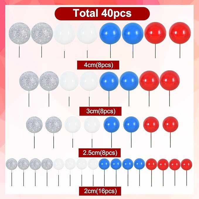 BEISHIDA 40 Pcs Foam Ball Cake Toppers with Sticks Mini Cake Decorations for Birthdays, Weddings, Baby Showers, DIY Baking Supplies, Anniversary Party (Red, Blue, White，Silver)