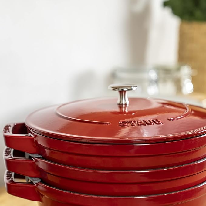 STAUB Cast Iron Set 4-pc, Stackable Space-Saving Cookware Set, Dutch Oven, Skillet, Grill Pan with Universal Lid, Made in France, Cherry