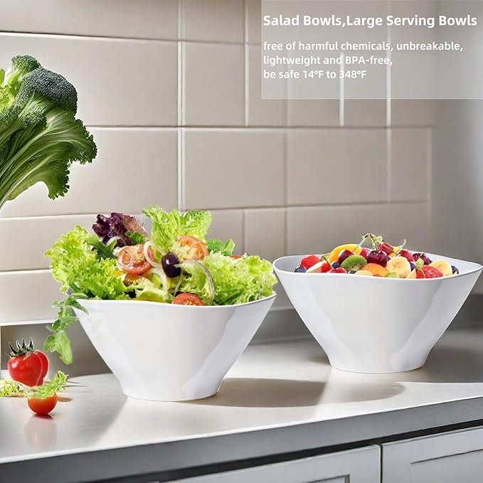 Qxbekmor 10" Salad Bowls, 114 oz. Unbreakable Plastic Serving Bowls for Salads, Fruits, Entertaining, Dinner Parties, Microwave & Dishwasher Safe, BPA-free, Set of 2