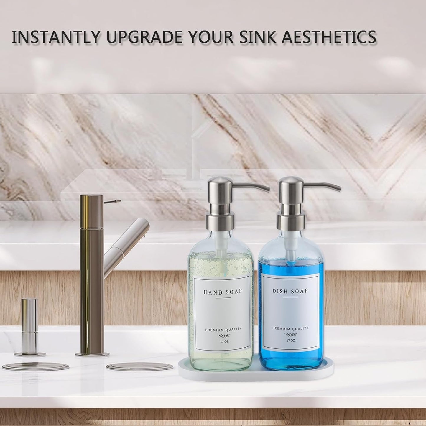 Glass Soap Dispenser - Dish Hand Soap Dispenser Set for Kitchen, Bathroom Soap Lotion Dispenser with 304 Rust Proof Pump, Tray, Clear Bottle/Silver Pump