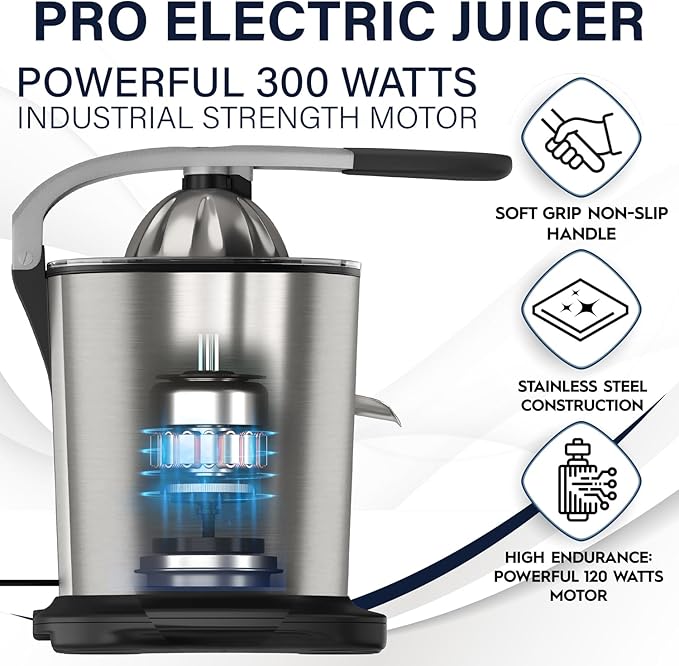 Eurolux Electric Citrus Juicer Power Pro - With 300 Watts of Power, This is The Most Powerful Juicer, for an Easy Smooth Juicing Experience | with Its New Updated Design
