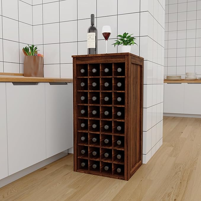 WERSMT 8-Tier Wine Rack Freestanding Floor, 32 Bottles Wood Wine Rack Counter for Small Space, Farmhouse Stackable Modular Wine Bottle Holder Rack, Walnut