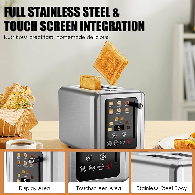 WHALL® Touch Screen Toaster 2 Slice, Stainless Steel Digital Timer Toaster, 6 Bread Types & 6 Shade Settings, Smart Extra Wide Slots Toasters With Bagel, Cancel, Defrost Functions