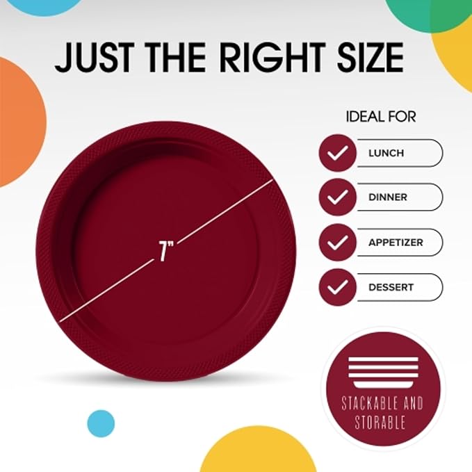 Exquisite Party Solids Burgundy Plastic Plates For Party 7" Burgundy Disposable Plates Heavy Duty Supplies 100 Pcs Plastic Dinnerware Sets Heavy Duty 350 GSM Disposable Dinnerware Set