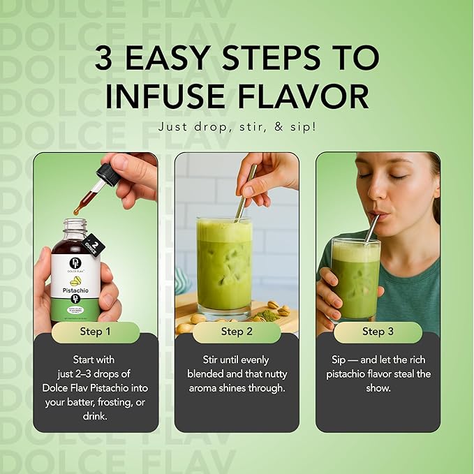 Dolce Flav Pistachio Extract – 2 Ounce Water-Soluble Kosher, Sugar-Free, Concentrated Nutty Pistachio Flavor for Baking, Ice Cream & Pastries, Includes Measured Dropper