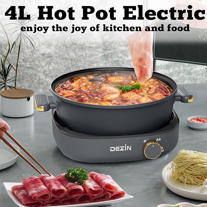 Dezin Electric Shabu Shabu Pot with Removable Pot, 4L Non-Stick Hot Pot Electric with Dual-Power Control, Electric Pot with Tempered Glass Lid for Party, Family and Friend Gathering