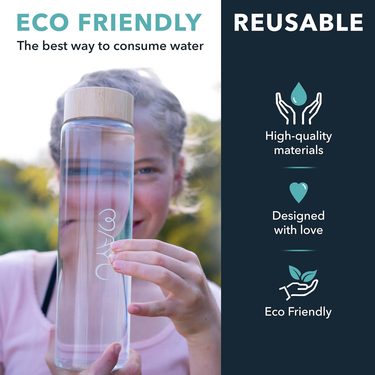 mayu Glass Travel Water Bottle | Sustainable Borosilicate Glass Bottle with Bamboo Lid & Sieve – Plastic-Free, Leak-Resistant Hydration for Home, Gym & On-the-Go (1L)