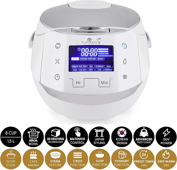 Yum Asia Sakura Rice Cooker with Ceramic Bowl and Advanced Fuzzy Logic (8 Cup, 1.5 Litre) 6 Rice Cook Functions, 6 Multicook Functions, Motouch LED Display, 120V Power (White and Siver)