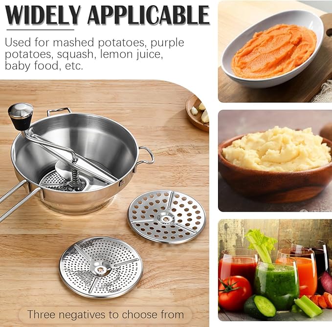 Stainless Steel Potato Ricer with 3 Interchangeable Discs – Heavy Duty Food Mill for Perfect Mashed Potatoes, Tomato Sauce, Canning, Baby Food