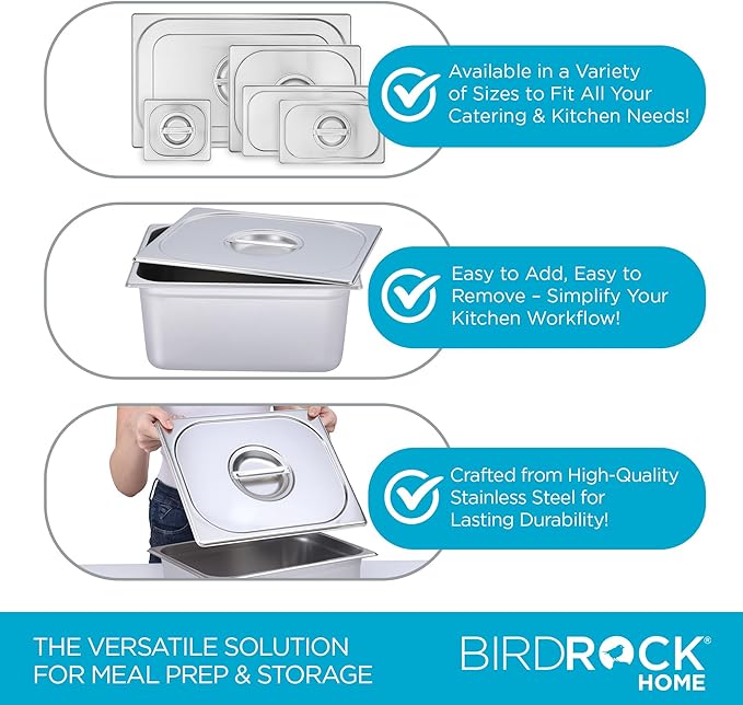 BIRDROCK HOME Stainless Steel Steam Table Pan Lids - Restaurant and Catering Supplies - 24 Gauge Steel - Perfect for Meal Prep, Cooking, and Food Storage Container - 6 Pack, Fits 1/2-Size Hotel Pans