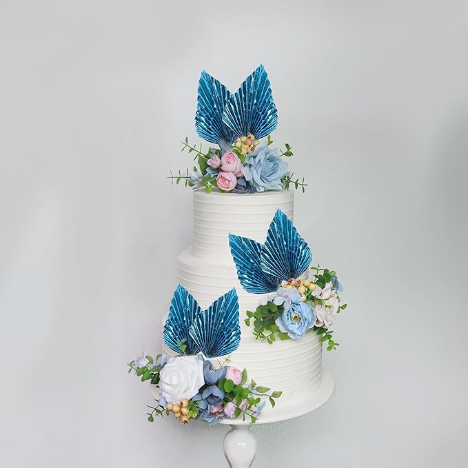 Gyufise 6Pcs Paper Palm Fan Cake Toppers Palm Spear Leaves Fan Cupcake Toppers Cake Insert Decorations Craft DIY Cake Bakeware Decoration for Birthday Party Wedding Party Decor Supplies Light Blue