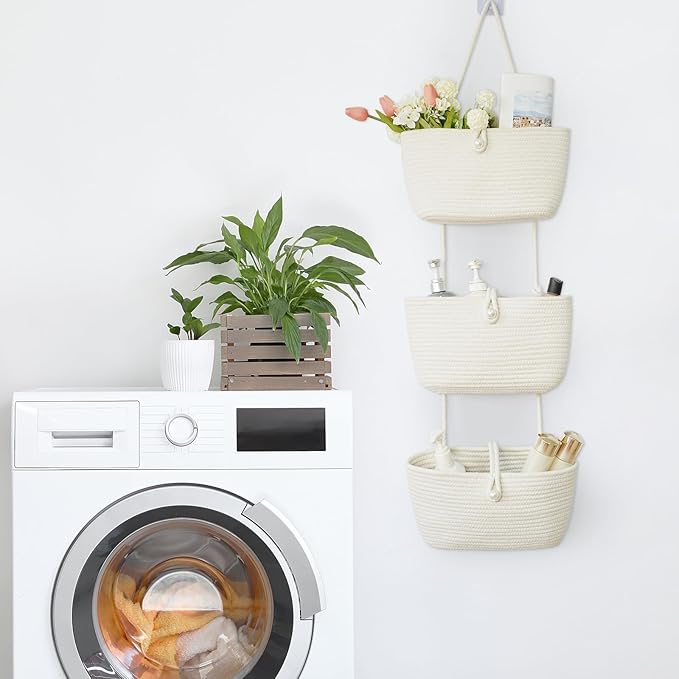 TeoKJ 3-Tier Hanging Baskets for Storage with Pearl Button Strap, Over The Door Storage Baskets for Bathroom, Bedroom, Closet, Door Storage Organizer for Decoration, White