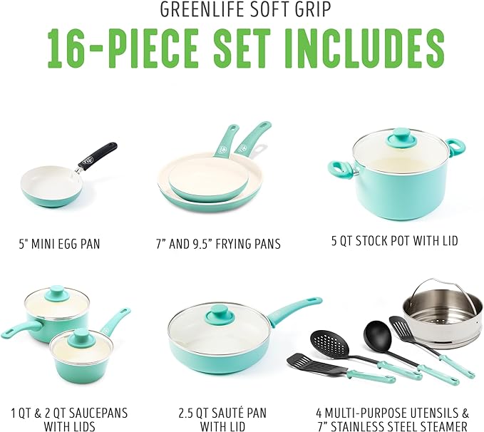 GreenLife Soft Grip 16 Piece Cookware Set, Non-Toxic PFAS-Free Ceramic Nonstick, Pots, Frying, Sauce, Saute, Glass Lids, Stay-Cool Handles, Wobble Free Bases, Dishwasher & Oven Safe, Turquoise