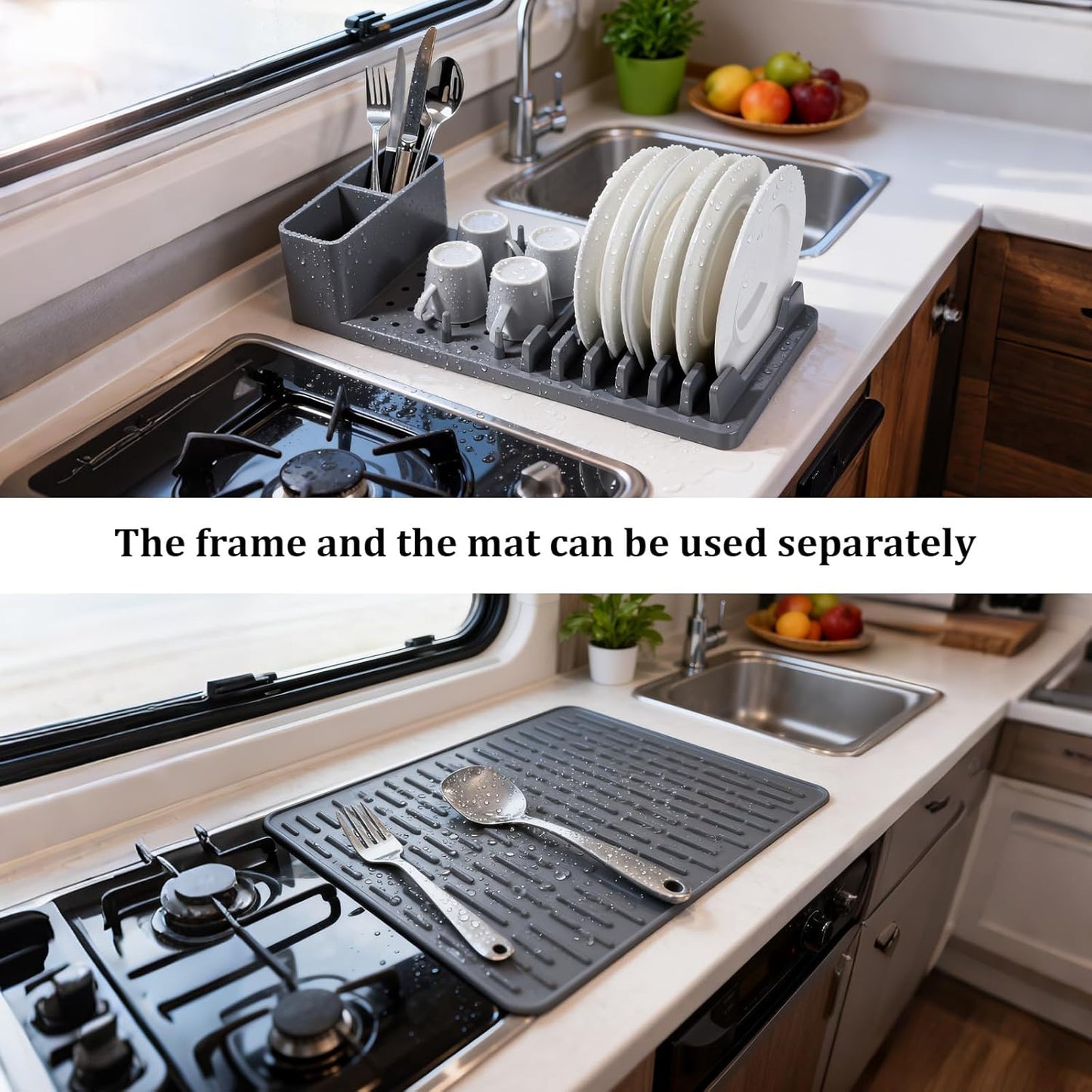 Silicone Dish Drying Rack with Mat - Foldable Space Saving Kitchen Sink Organizer, Countertop Drainer for Dishes Utensils (50x35cm Mat & Detachable Holder)