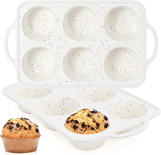 FUNBAKY Jumbo Silicone Muffin Pan with Metal Frame, 3.5 Inch Large Muffin Pans 6 Cups 2 Pack Confetti