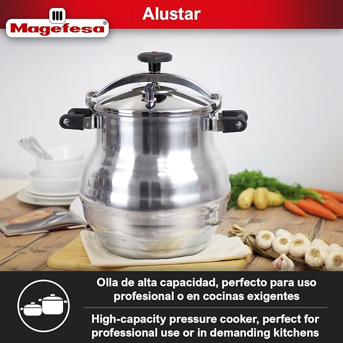 Magefesa Alustar 23.2-Quart Aluminum Pressure Cooker – Extra-Thick Construction, Thermodiffusion Base, 3 Safety Systems, Professional-Grade