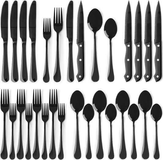 Astercook 24-Piece Black Silverware Set with Steak Knives Flatware Set for 4 Food-Grade Stainless Steel Cutlery Set Mirror Polished Utensils Set Include Spoons and Forks for Home Kitchen Restaurant