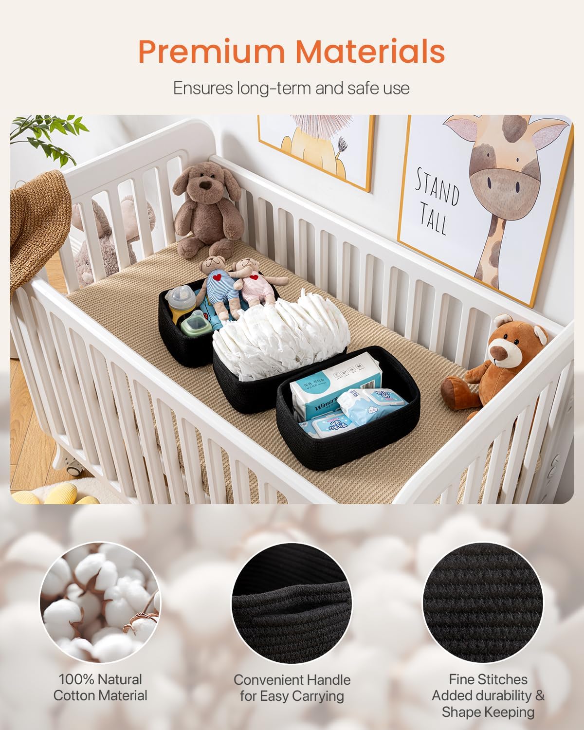 Small Woven Basket, 12 x 8 x 4.5 Inches, Storage Basket for Organizing, Cute Small Rope Shelf Closet Cube Storage Bins Baskets for Shelves, Dog Toy Gift Baskets Empty, 3 Packs, Black