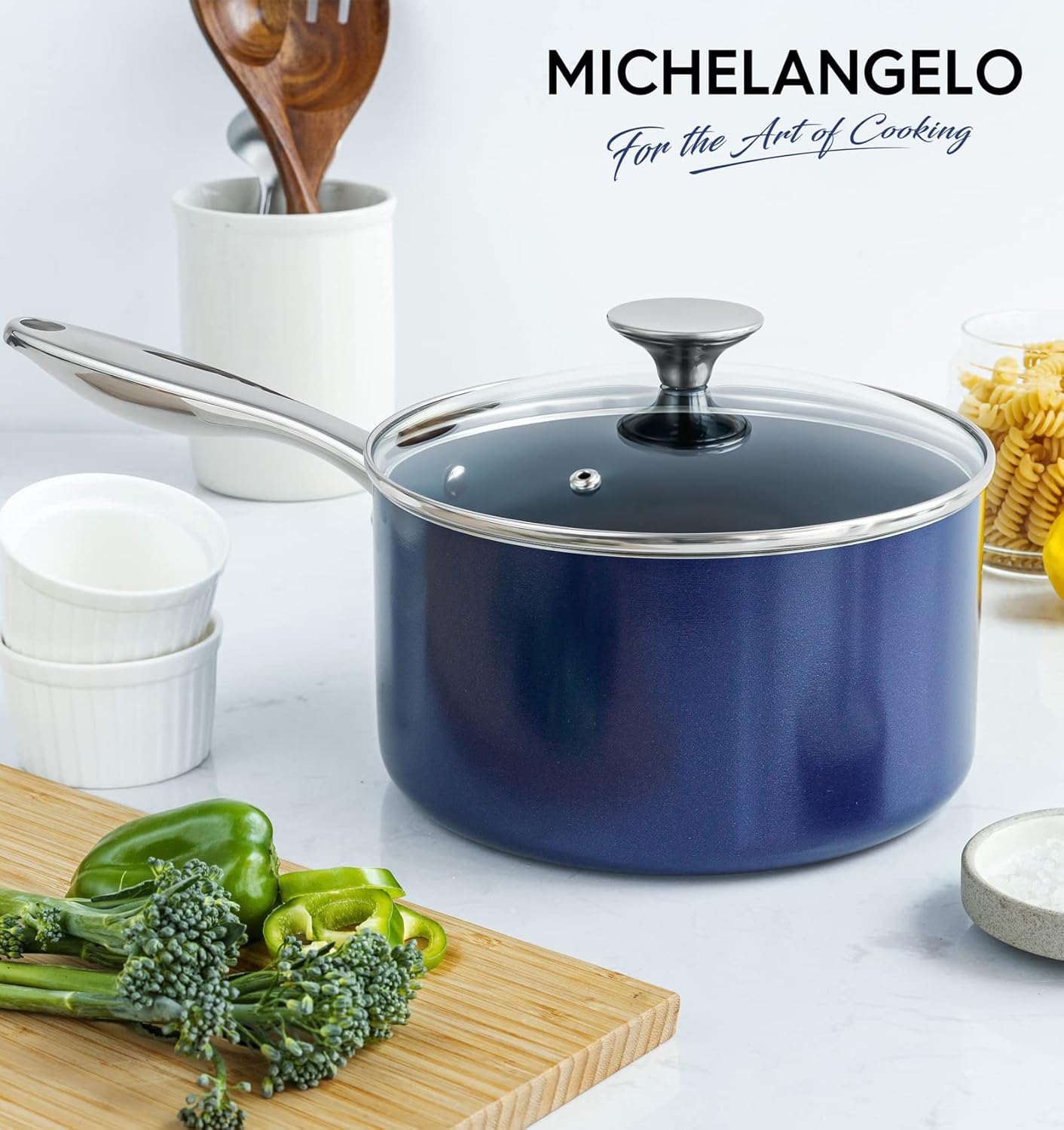MICHELANGELO 2 Quart Saucepan with Lid, Nonstick Ceramic Sauce Pan with Stainless Steel Handle, 2 Qt Saucepan with Lid Induction Compatible, Oven Safe, Blue