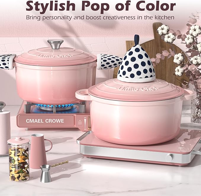 Umite Chef 5QT Enameled Cast Iron Dutch Oven Pot with Lid, Heavy-Duty Cookware for Bread Baking, Braising, Stews, Roasting, Wedding Registry Ideas & Gifts (Pink)