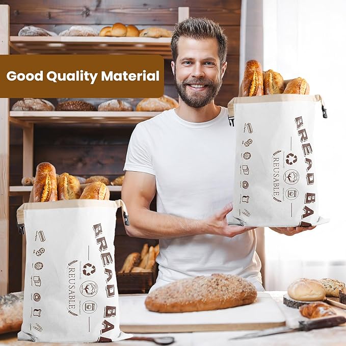 2-Pack Bread Bags, Reusable Bread Bags for Homemade Bread, Buckle Closure,Fresh Keeping Extra Large Bags, Food Bag (White)