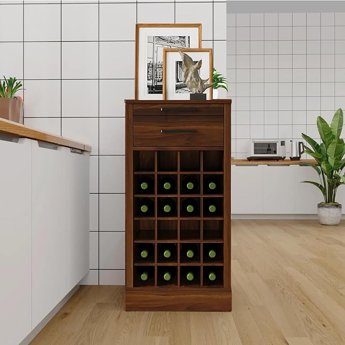 WERSMT 6-Tier Wine Rack Freestanding Floor with 2 Drawers, 24 Bottles Wood Wine Rack Counter for Small Space, Farmhouse Stackable Modular Wine Bottle Holder Rack, Walnut