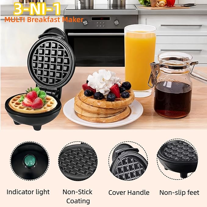 3 in 1 Mini Waffles Maker with 5 Removable Plates-Make Mini Waffles Donuts Pancakes or Eggs all in 1 Multi -Easy Cleaning & Storing- Holiday Gift(Black)